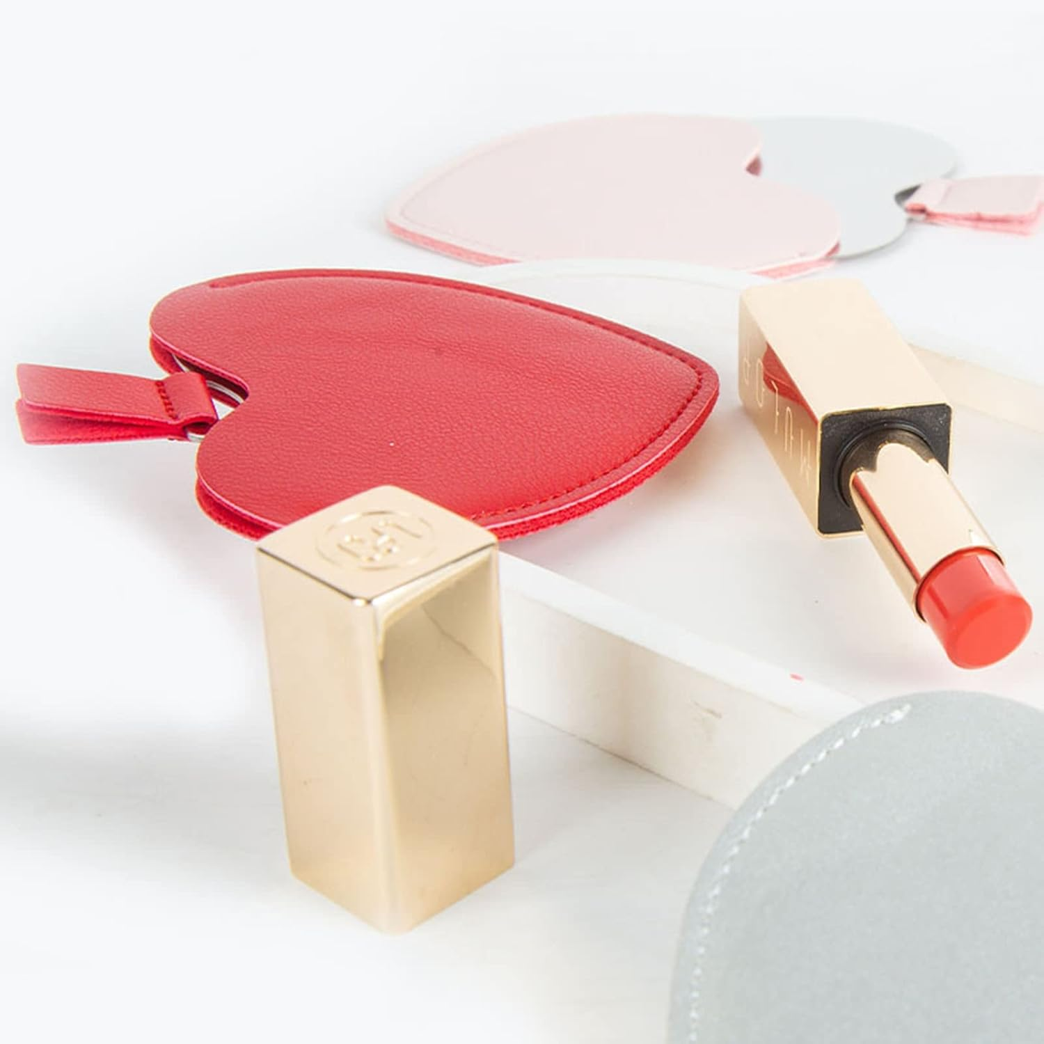 INCAUCA 2Pcs Stainless Steel Mini Purse Mirror with PU Leather Cover, Heart Shaped Compact Pocket Mirror, Cute Small Travel Makeup Mirror, Unbreakable Portable Mirror for Women Girls (Red) - Beige image number 5