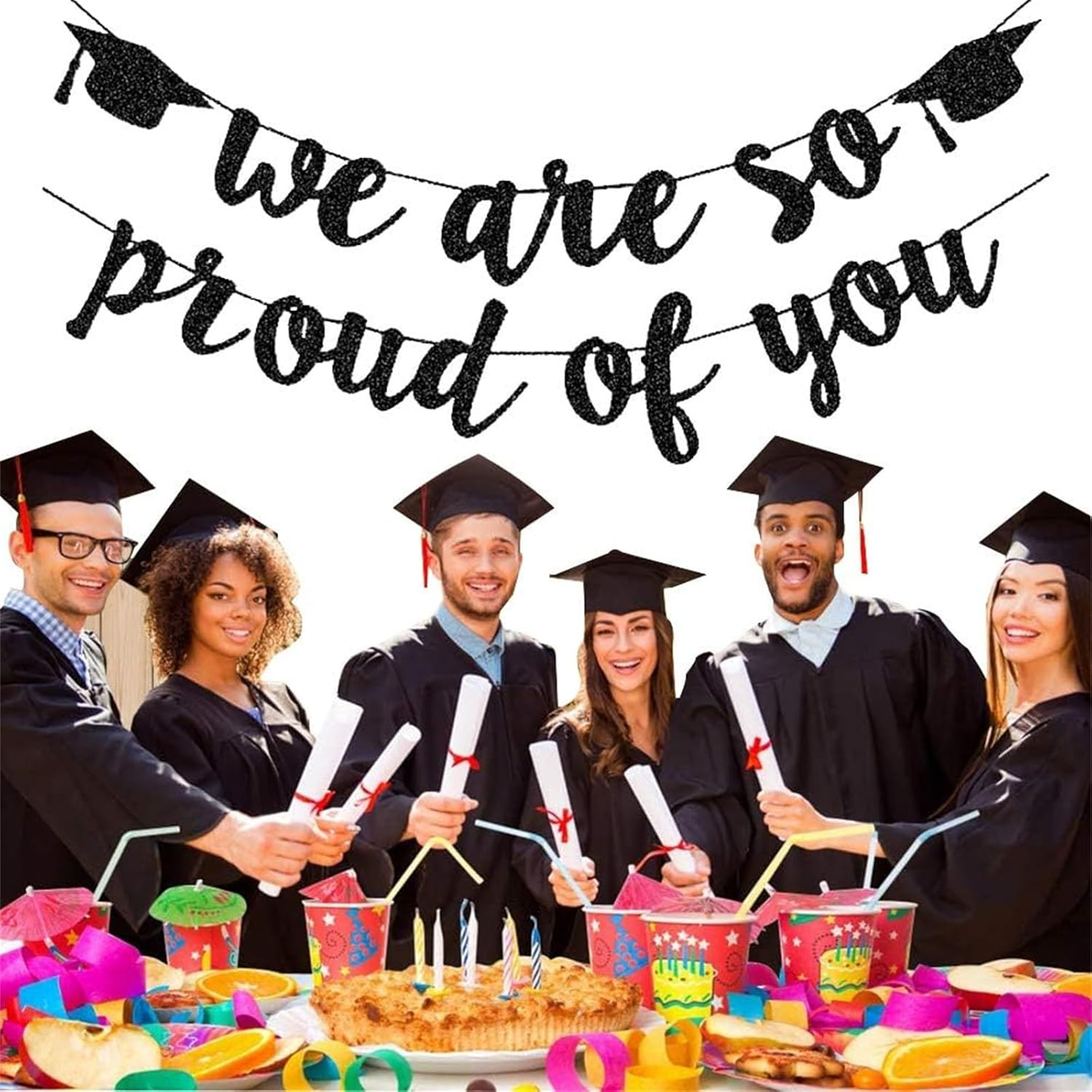 Graduation Banners Party Decorations, Black Glitter We Are so Proud of You Graduation Banners Garland for School Home Car Decorations image number 2