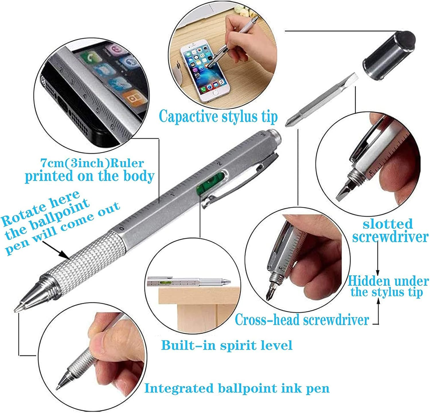 YUENTOEN 8Pcs 6 in 1 Multifunction Pen Tool, Multitool Pen Set with Extra Refills Set, Touch Screen Stylus, Ruler, Levelgauge, Flat Head and Phillips Screwdriver image number 1