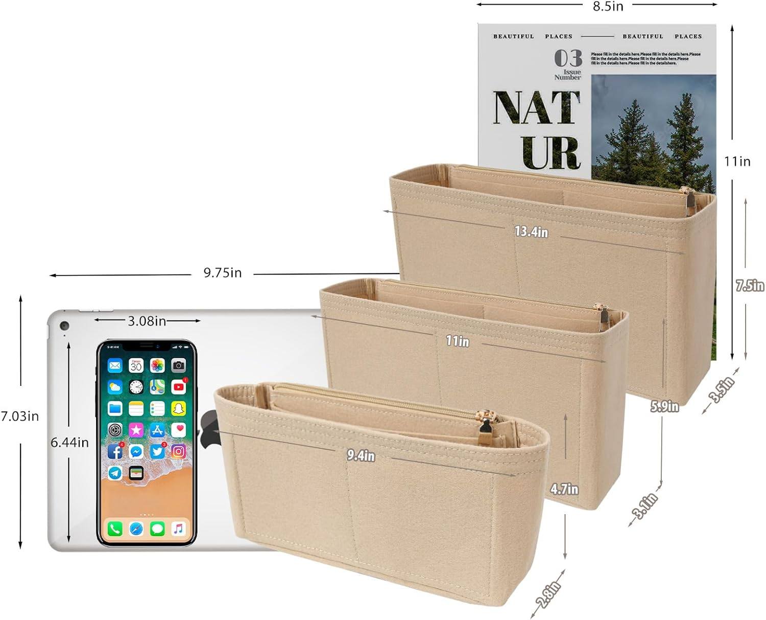 Surblue Purse Organizer Insert for Handbags, Felt Bag Organizer with Zippers Handbag Shaper Pouch for Classic 19 Flap Bag, Marmont, Onthego,（Khaki, Slender S） image number 2