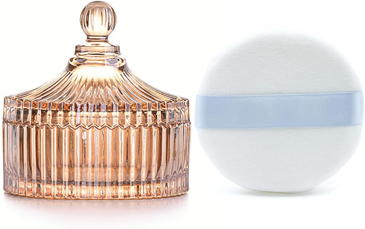 Ultra Soft Powder Puff and Container 3.3" High Density Velvet Dusting Washable Reusable Powder Puff,Body Powder Puff and Glass Jar Holder Loose Powder Box with Puff for Face Makeup(Gray)