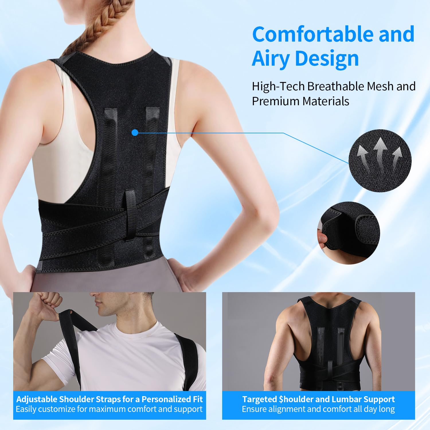 Back Brace and Posture Corrector for Women Men, Shoulder Straightener, Adjustable Full Back Support for Upper and Lower Back Pain Relief - Scoliosis Hunchback Hump Thoracic Spine Corrector (Black, M) image number 5
