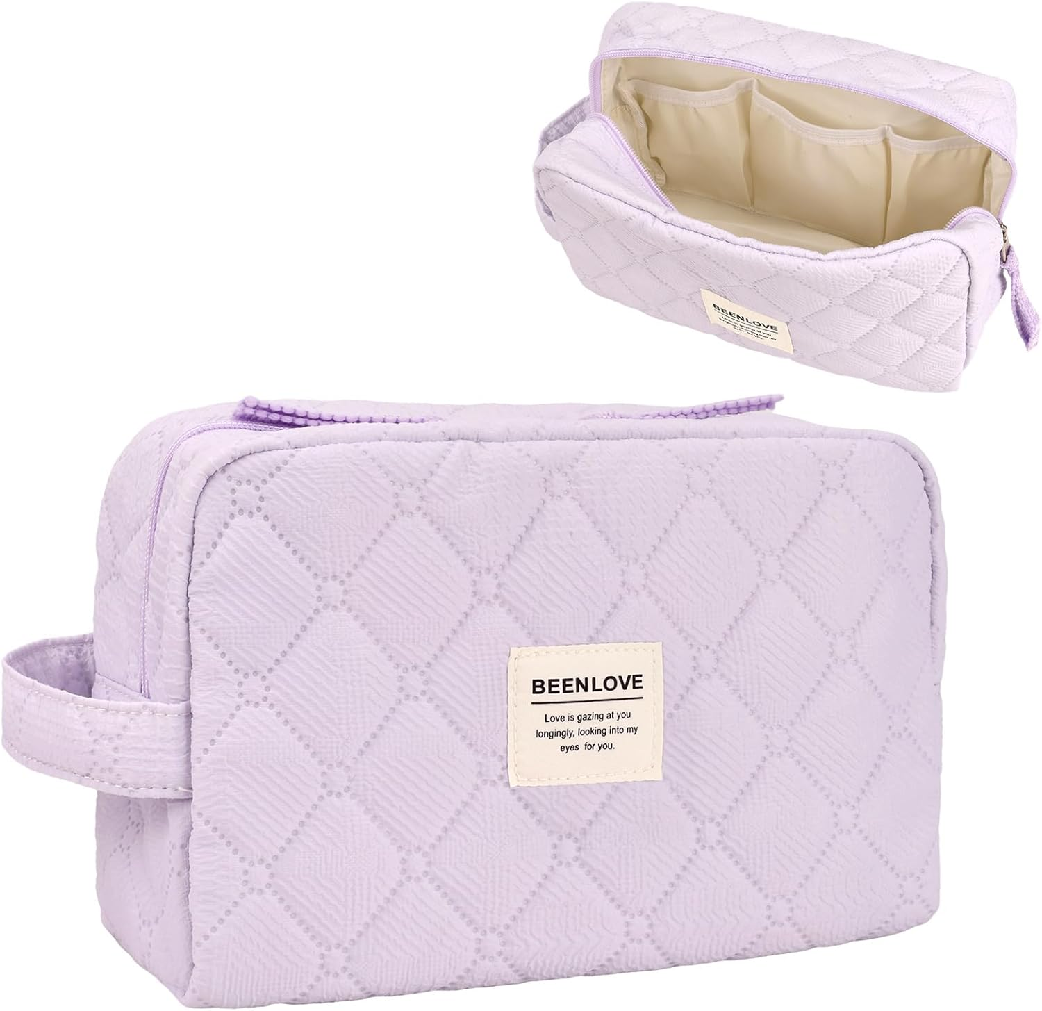 Makeup Bag, Quilted Make up Bag with Handle & Zipper, Lightweight Cosmetic Bag for Women Travel Toiletry Skin Care (Purple) image number 2