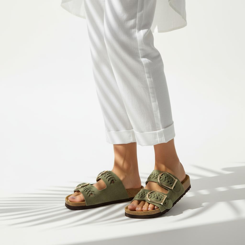 CUSHIONAIRE Cashew Slip on Suede Womens Sandals - Braided Double-Strap Design with Adjustable Big Buckle Sandals for Women image number 4