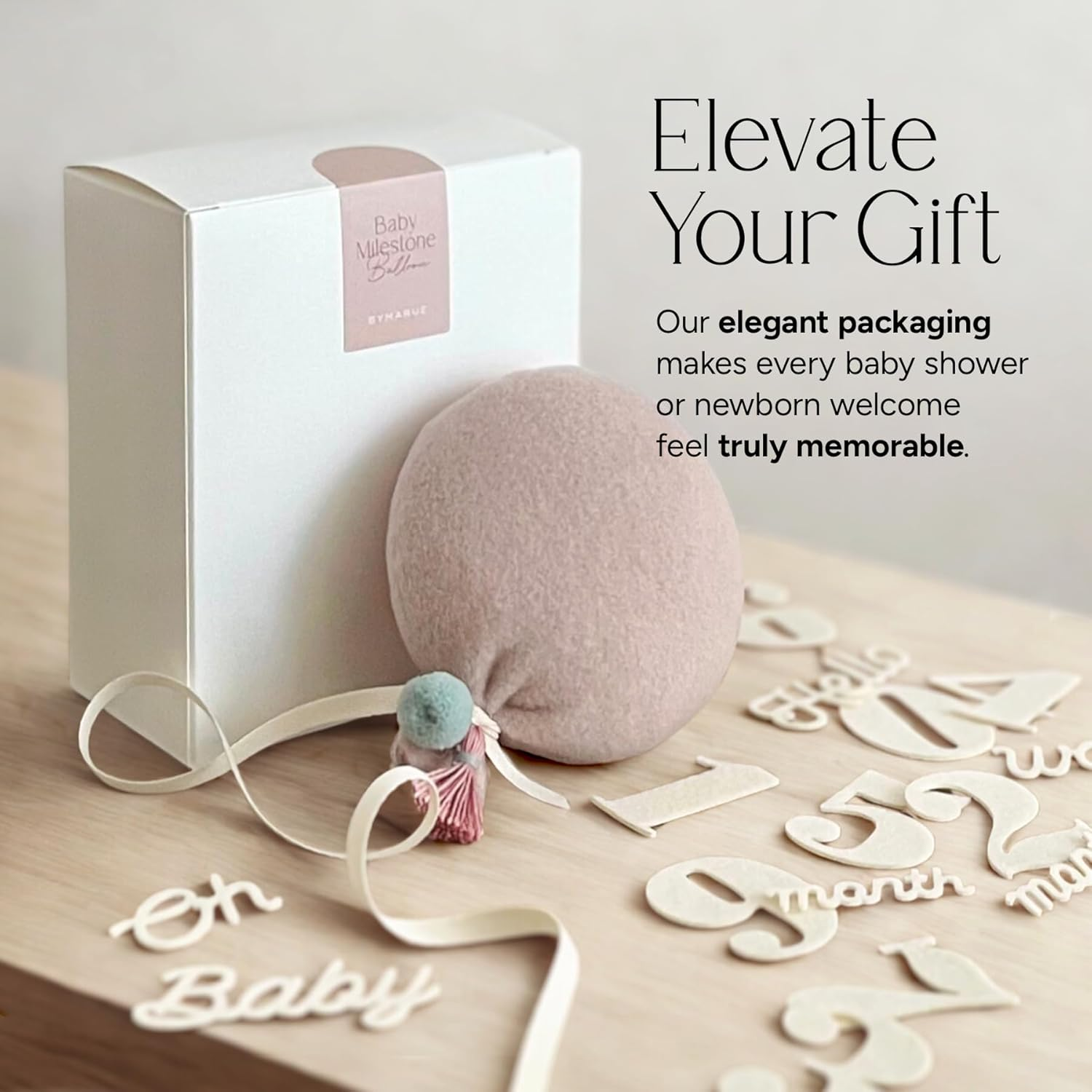 Balloon Baby Monthly Milestone Marker Signs, Photo Prop for Photoshoot | Stuffed Plush Balloon, Tassel, Pompom | Birth Announcement, Gender Neutral Baby Shower, Newborn Gift Set (Dusty Pink) - Dusty Pink image number 2