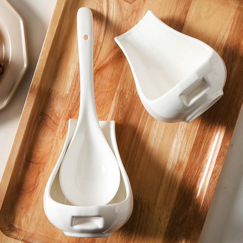 Ceramic Spoon Rest Set, 2-Piece White Ladle Holder for Kitchen Counter, Cooking Utensils Stand, Farmhouse Decor, Soup Scoop and Condiment Spoon Storage image number 2