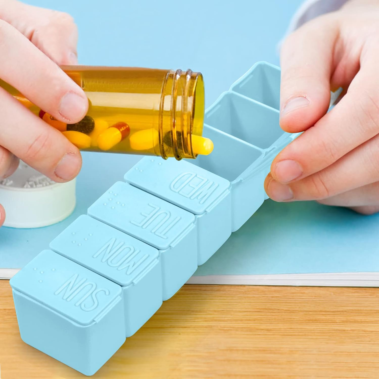 Pill Organizer-Pill Boxes for Travel, 7 Day with Braille Pill Case Vitamins Fish Oil Supplements, Medication Organizer Dispenser for Fish Oils, Vitamin Holder Supplement (Sky Blue) image number 6