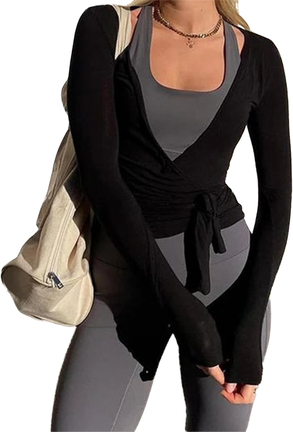 Pilates Wrap Tie Shirt Tops for Women Long Sleeve Ballet Tie Top Dance Ballerina Cover up Top Yoga Workout Blouse