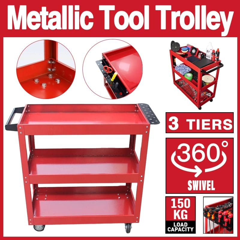 AIMALL Tool Trolley 3 Tiers Workshop Cart Rolling Steel Part Storage Handyman 150KG Red with 330LB Load Capacity, Omni-Directional Wheels, Handle, 25.6"X13.8"X29.1" image number 5