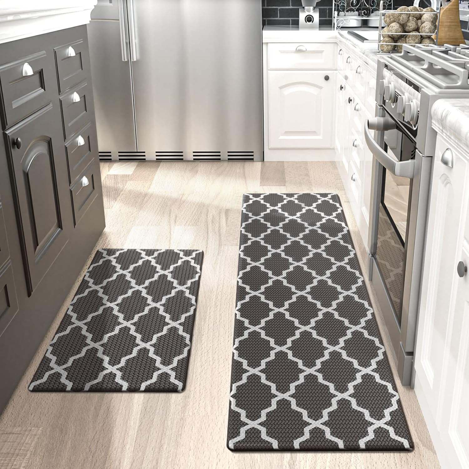 DEXI 2 Piece Kitchen Rugs Set, Non-Slip anti Fatigue Standing Mat for Floor, Waterproof Comfort Runner Rug, Easy to Clean, 44 X 75 Cm+44 X 150 Cm, Grey