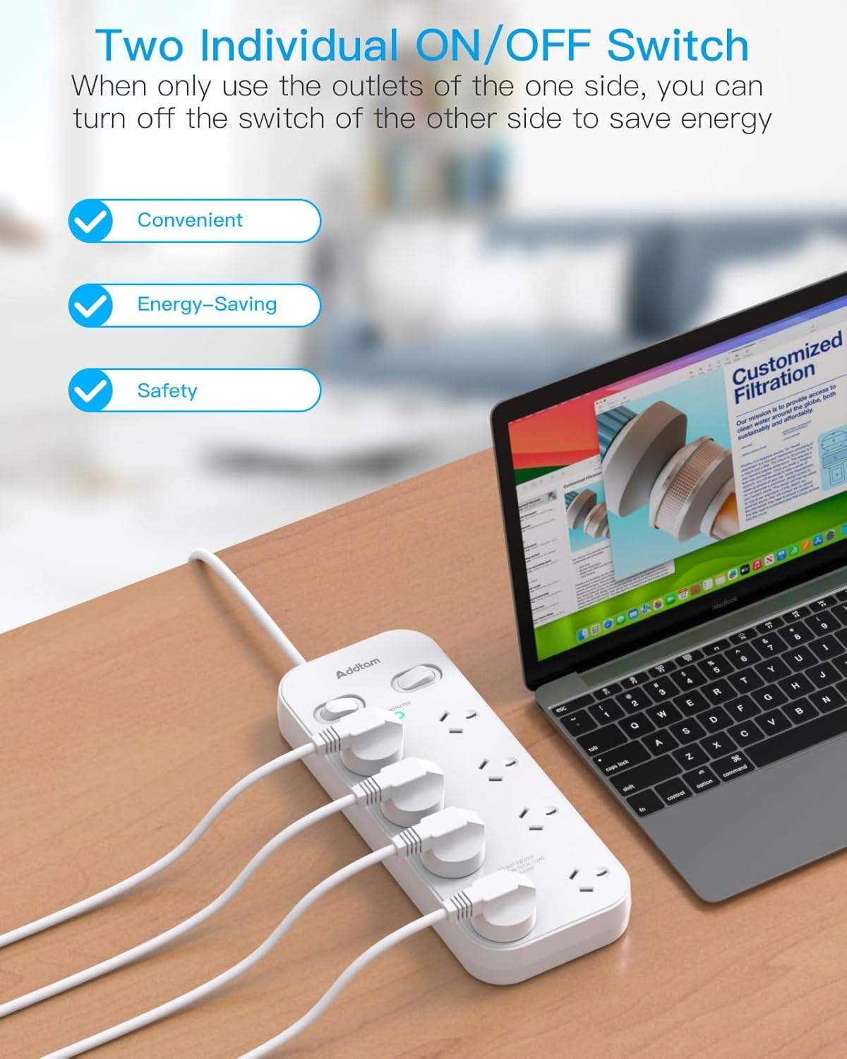 Power Board Surge Protected- 8 Widely Outlets(10A/2400W) Powerboard with 1M Extension Cord, 900J Surge Protection Double Switch, Wall Mountable for Home Office Accessories image number 6