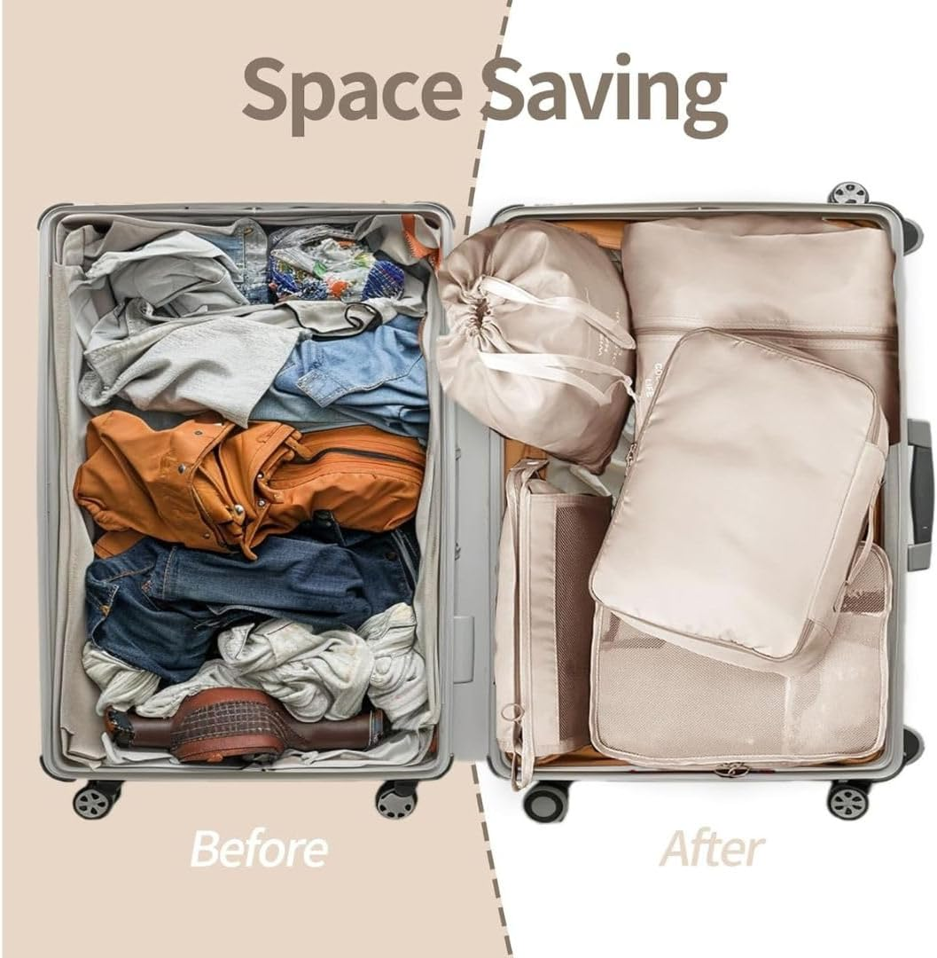 My Corgi Living 8-Piece Cube Travel Luggage Organizer Set - Efficient Luggage Separators & Travel Storage Cubes with Toiletry Makeup Bag, Shoe Bag - Perfect for Families, Men & Women (Beige) image number 5