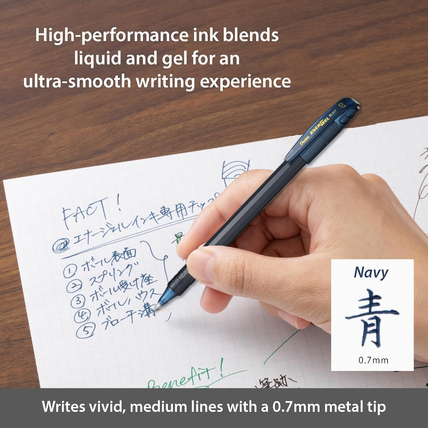 Pentel Energel Liquid Gel Ink 0.7Mm Medium Nib Stick Pen Navy Ink, Box of 12 Pens (BL417-CA) image number 4