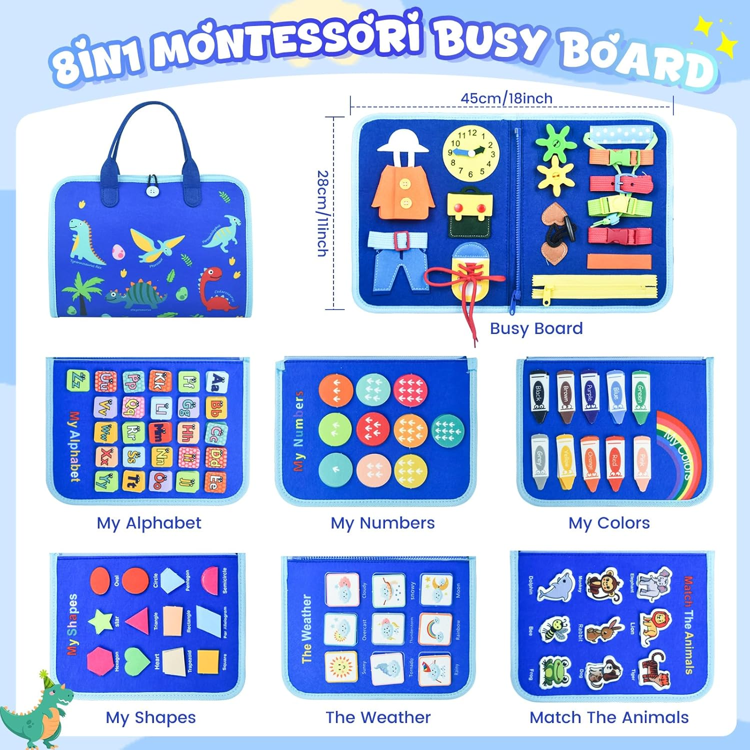 Ryzagin Toddler Busy Board Montessori Toys for Kids, Sensory Learning Toys for Fine Motor Skills, Travel Activity Book, Educational Boys & Girls, Birthday Present (Blue) - Purple image number 2