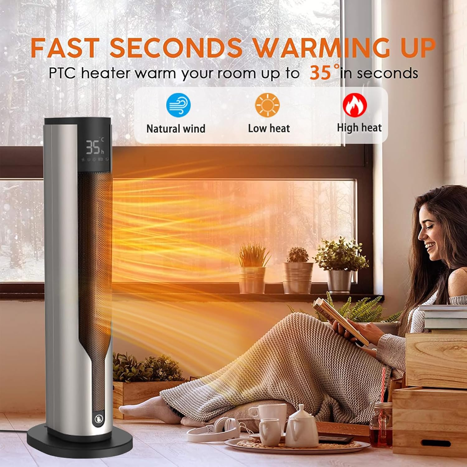 23.6"Tower Space Heater with Adjustable Thermostat,Remote Control & 12H Timer, Tip-Over Switch & Overheating Protection, 1900W, 3 Mode, 12H Timer,Ptc Ceramic Rapid Heat for Office Home (AU Plug)