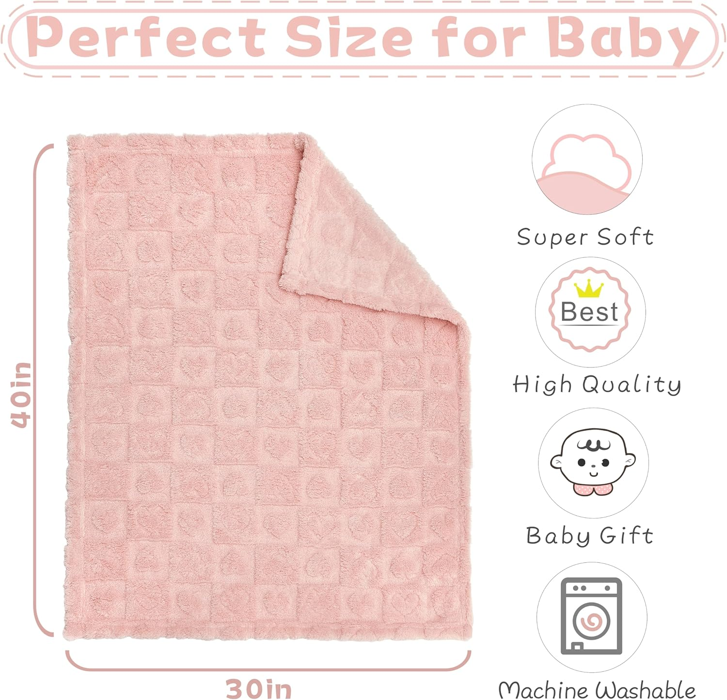 Yurhap Fleece Baby Blanket Heart Checkered Blanket, Ultra Soft Cozy Baby Blankets for Girls Boys, Fluffy Infant Toddler Newborn Receiving Blankets for Crib Stroller 30&rdquo;&times;40&rdquo; (Light Pink) image number 2