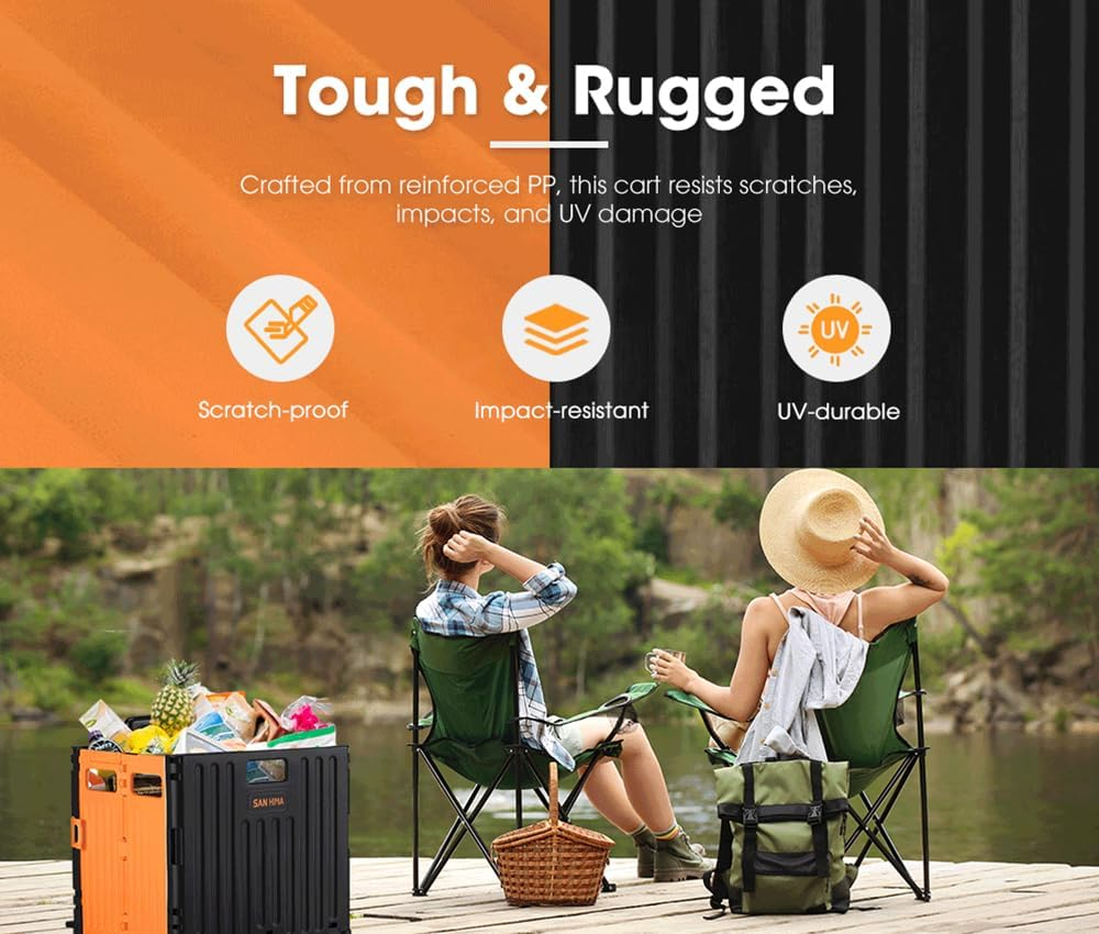 San Hima Foldable Shopping Trolley Cart Folding Trolley 70L, Crate on Wheels 360˚ Rotating (Lockable Front) W/Telescopic Handle, Durable Material, Quick Setup, Capacity 70KG, for Camping Shopping