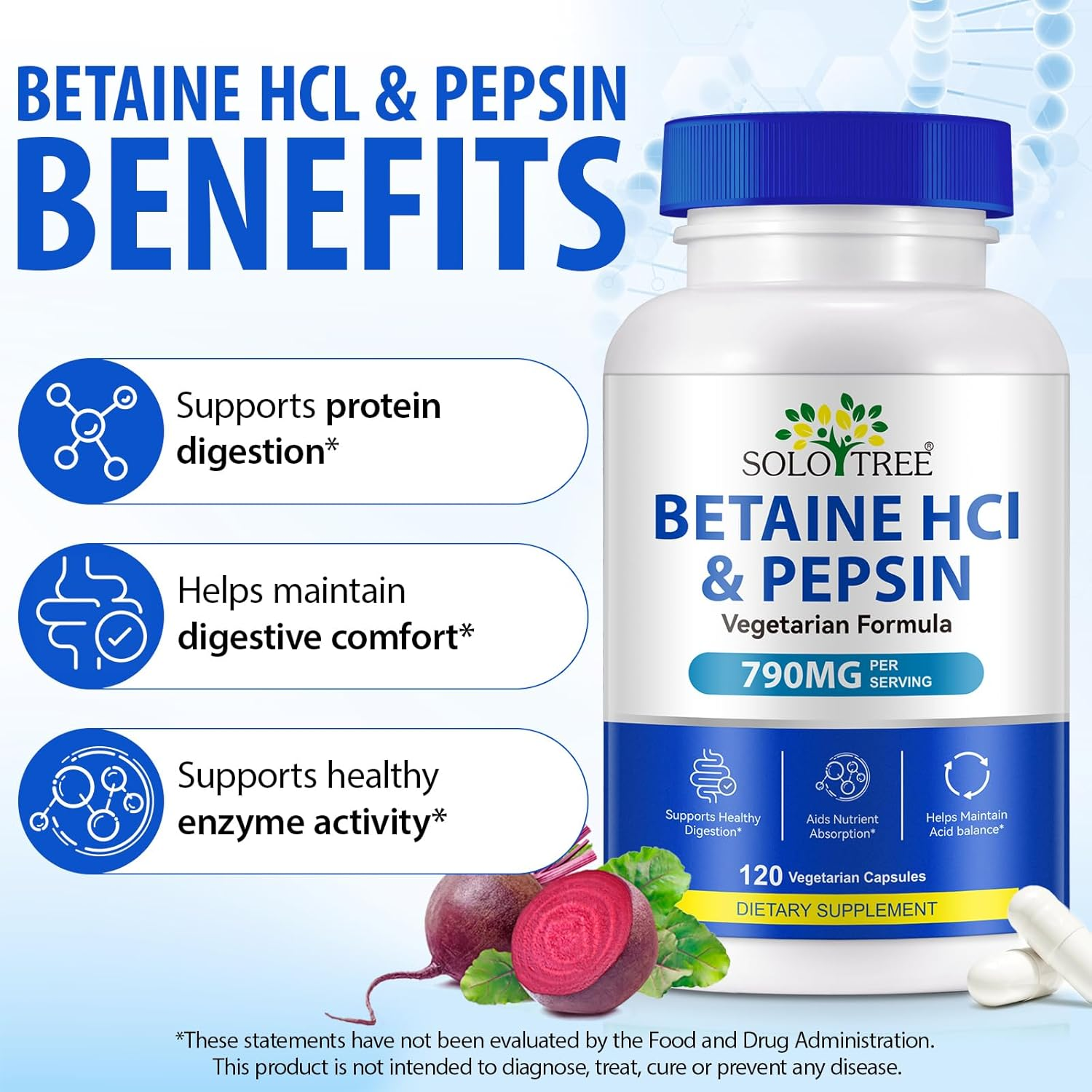 Betaine Hcl with Pepsin | 790Mg per Serving | Plant-Based Acid-Stable Enzyme | Vegetarian Formula | 120 Capsules image number 6