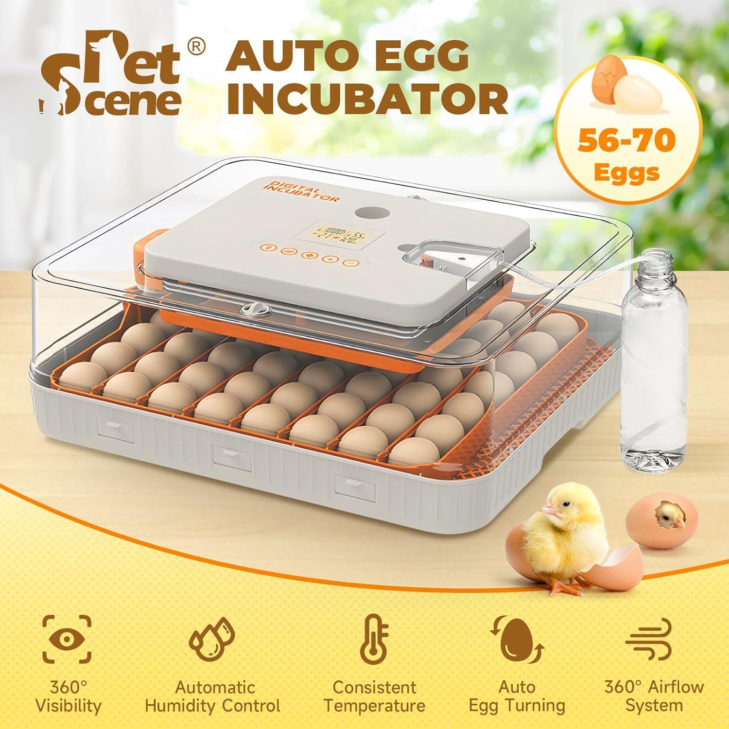 Pet Scene Egg Incubator for Hatcher Breeder, 56-70 Eggs Automatic Hatching Chicken Duck Bird Quail Poultry Auto Turner Stop Humidity Control Water Refill Candling Light image number 5