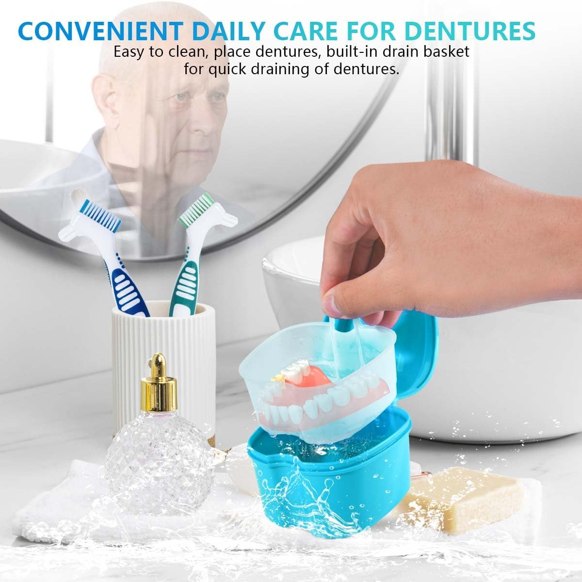 KISEER 2 Pack Denture Bath Case Cup Box Holder Storage Container with Denture Cleaner Brush Strainer Basket for Travel Cleaning (Light Blue and Blue) - Blue image number 2