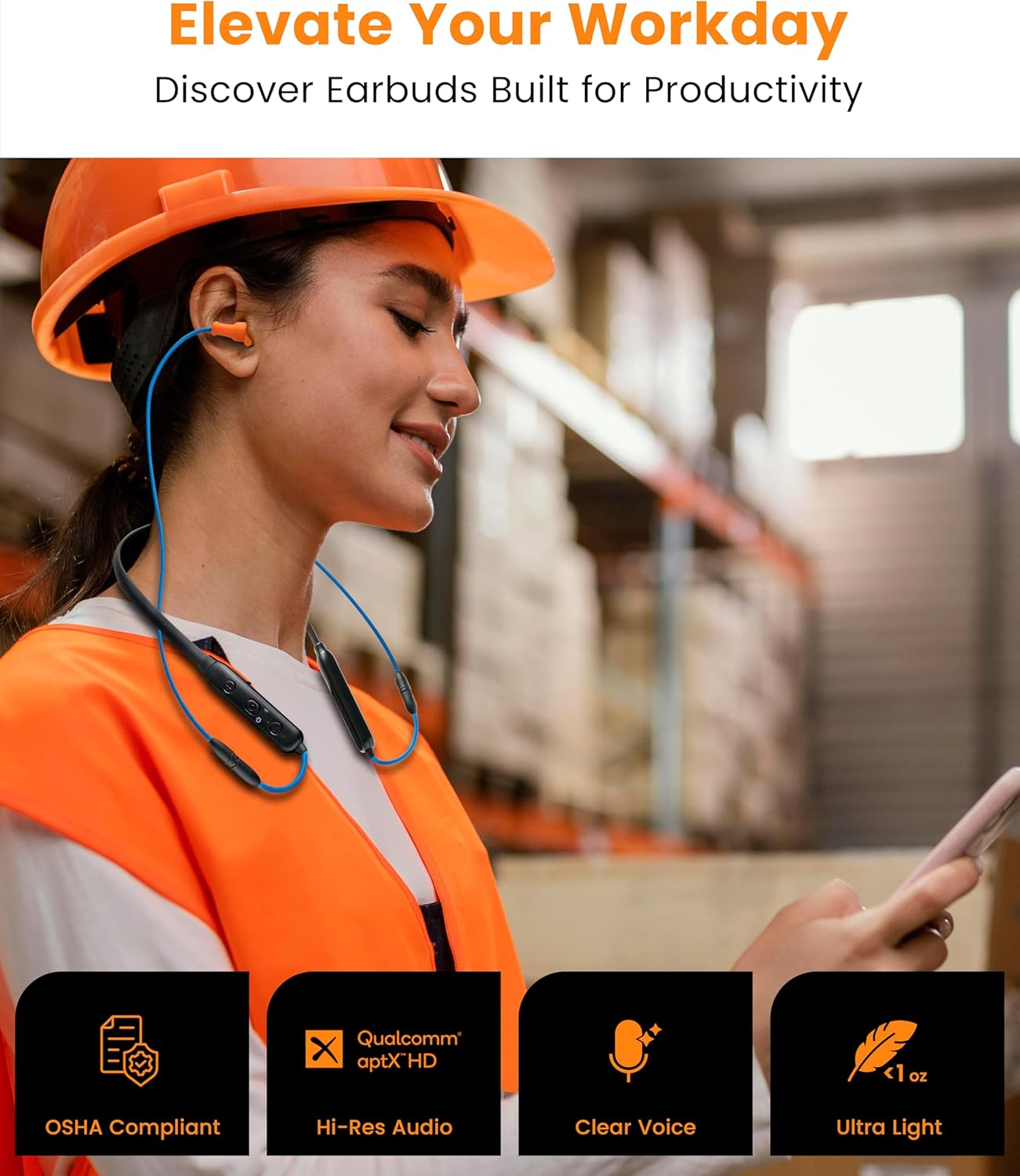 Homespot Noise Reduction Wireless Neckband Headphones with Replaceable Earbuds (Extra Set Included) - Qualcomm Aptx HD, 27Db NRR, CVC Noise Cancelling Mic & 20H Playtime for Work Safety OSHA Compliant image number 4