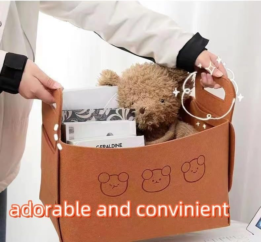 Large Capacity Storage Bins with Carrying Handles for Office Bedroom Closet Shelves Nursery, Collapsible Organizer for Toys, Clothes, Laundry, Foldable Teddy Bear Felt Storage Box 3 Size (BROWN)