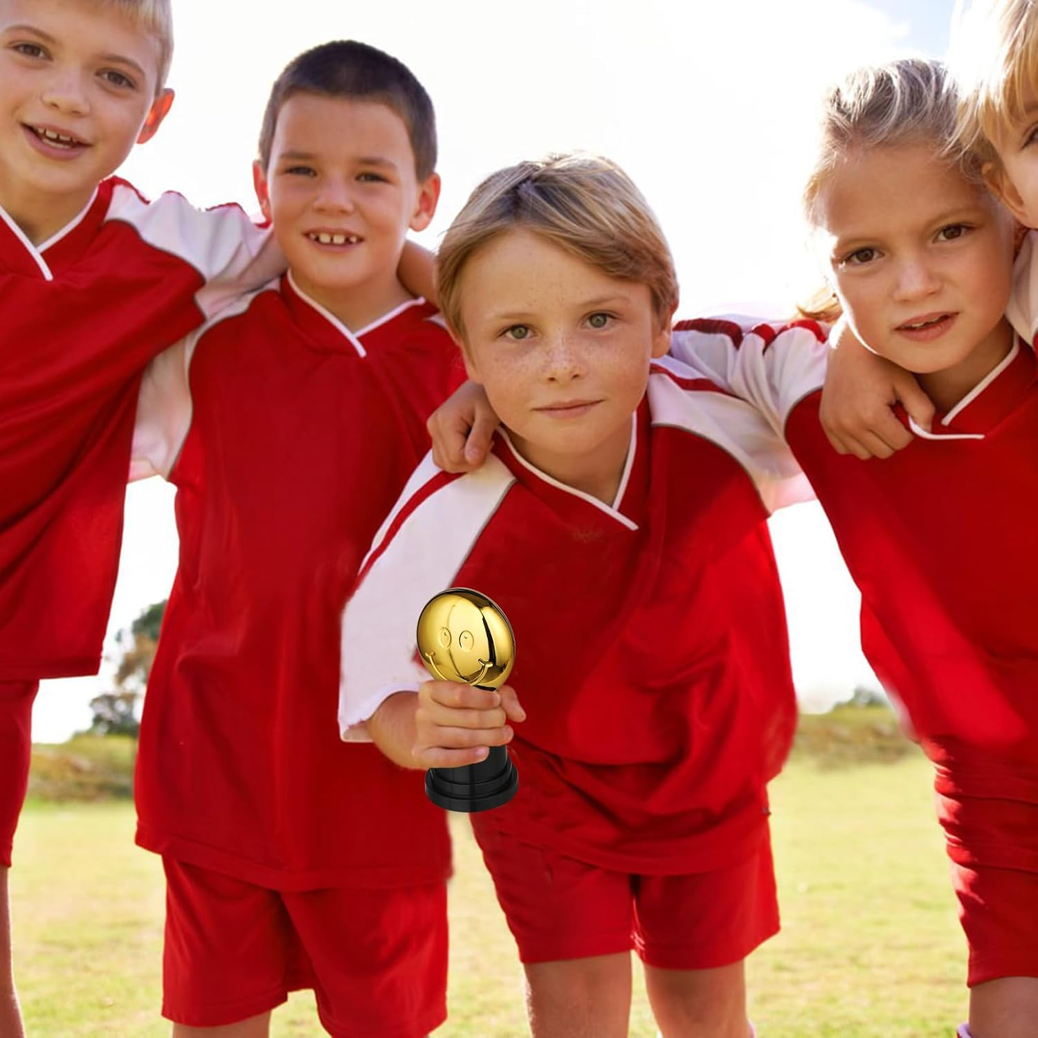 8PCS Mini Trophies,Geeric Gold Smile Trophy Plastic with Base for Kids/Student/Adults Trophy Cups Winner Medals for Party Decoration/Competition/Sports/Activity/School/Party Favors Winning Prizes image number 1