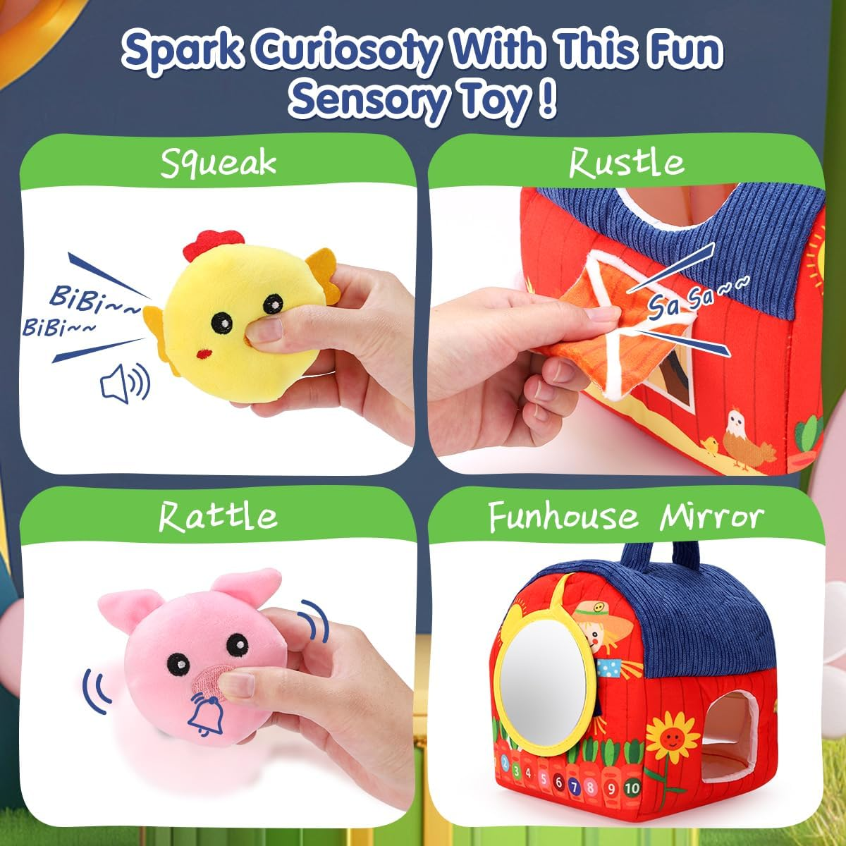 Baby Toys 6-12 Months，Montessori Toys for 6 Month Old Babies， Surprise Barn with Stuffed Farm Animals, Rattle, Crinkle Paper, Mirror，Sensory Toy for Toddlers 1-3 Boy Girl Gift Birthday image number 2