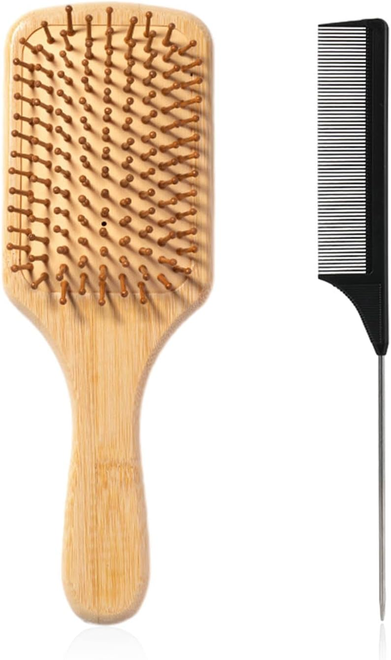 1 X Natural Wooden Bamboo Hair Brush with 1 X Tail Hair Comb, Anti-Static Smoothing Curly Hair Brush, Air Cushion Massage Brush, Flat Hair Brush for Men, Women, Children Hair Growth image number 5