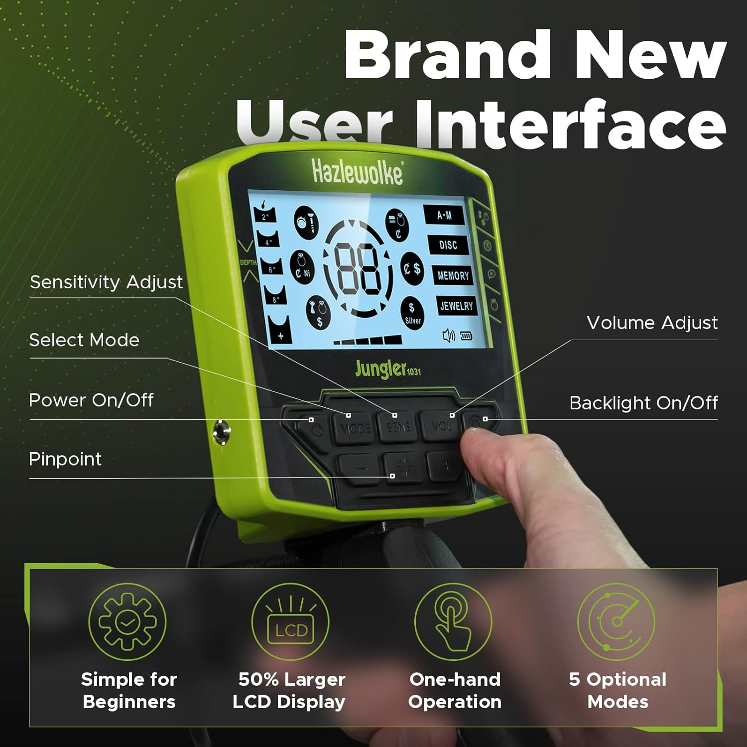 Hazlewolke Metal Detector for Adults, 5 Professional Mode with Higher Accuracy 10&rdquo; Waterproof Coil for Gold Detecting - Green-Rechargeable image number 7