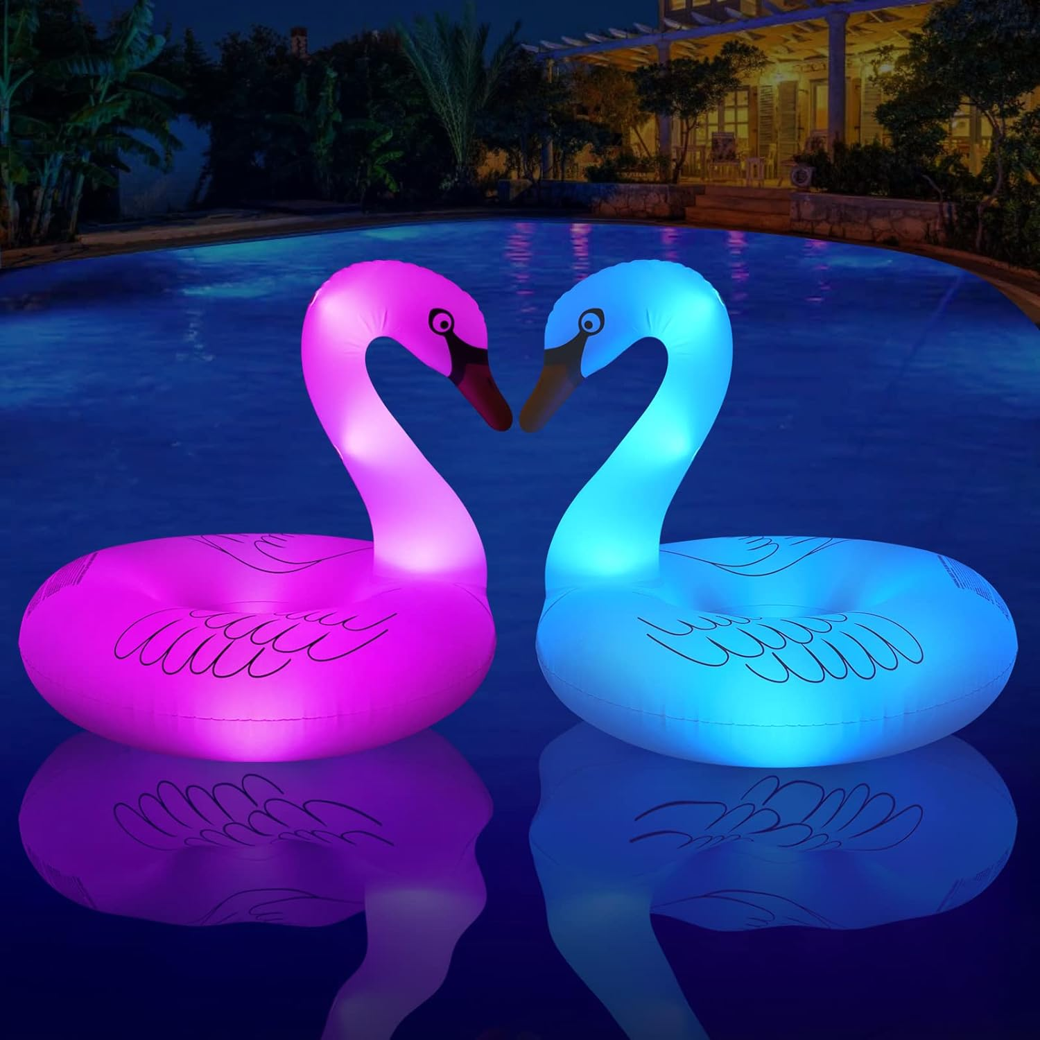 Inflatable Swan Pool Float with Colorful Lights, Flyfreeu Solar Powered LED Color Changing Swan Swim Tube Rings, 42'' Large Pool Beach Floaties Lake and Beach Floaty Summer Pool Raft Lounge for Adults image number 1