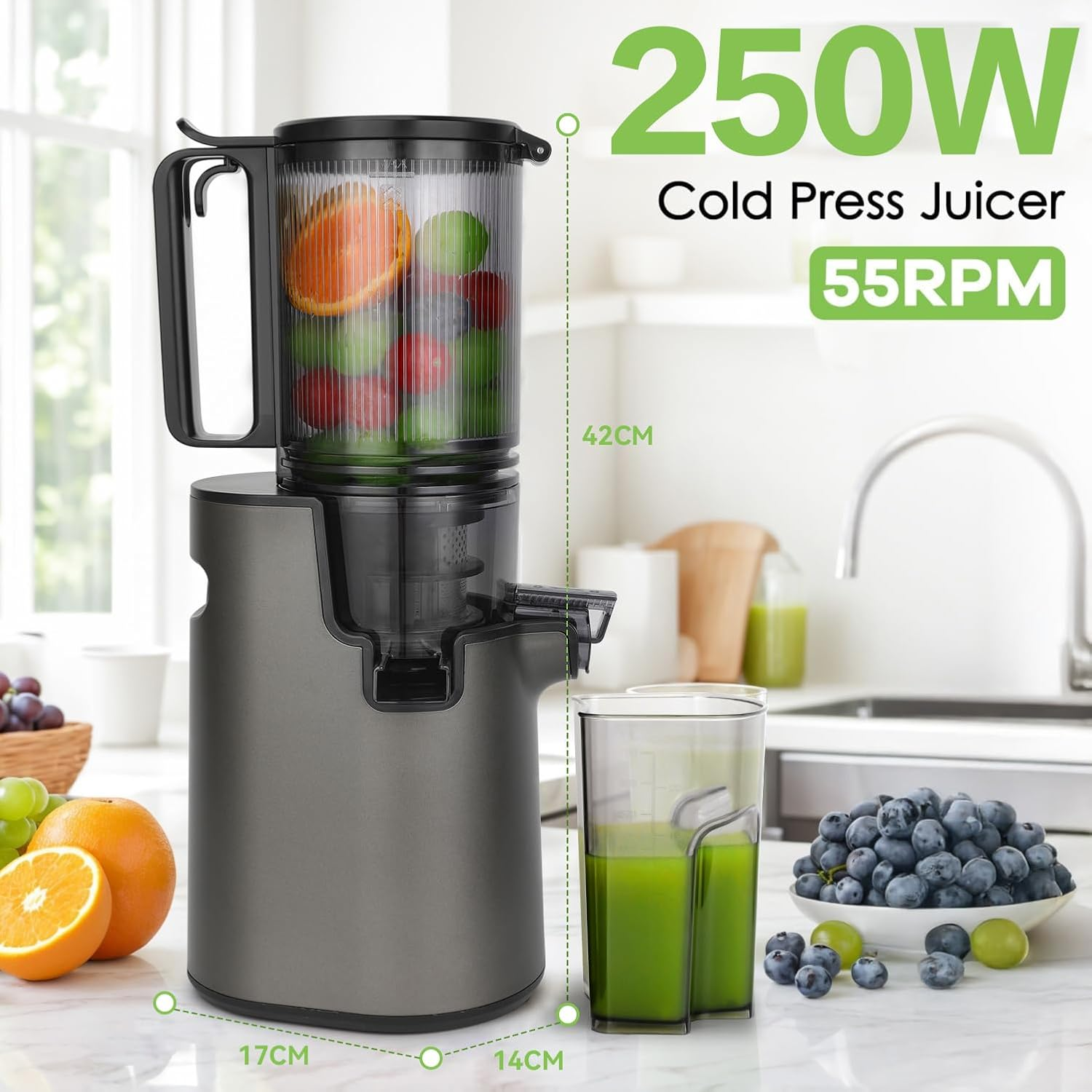 Slow Juicer, Cold Press Juicer for Whole Fruits & Vegetables, Wide 110Mm Feeding Chute, Quiet 250W Motor Juice Extractor, Reverse Function image number 5