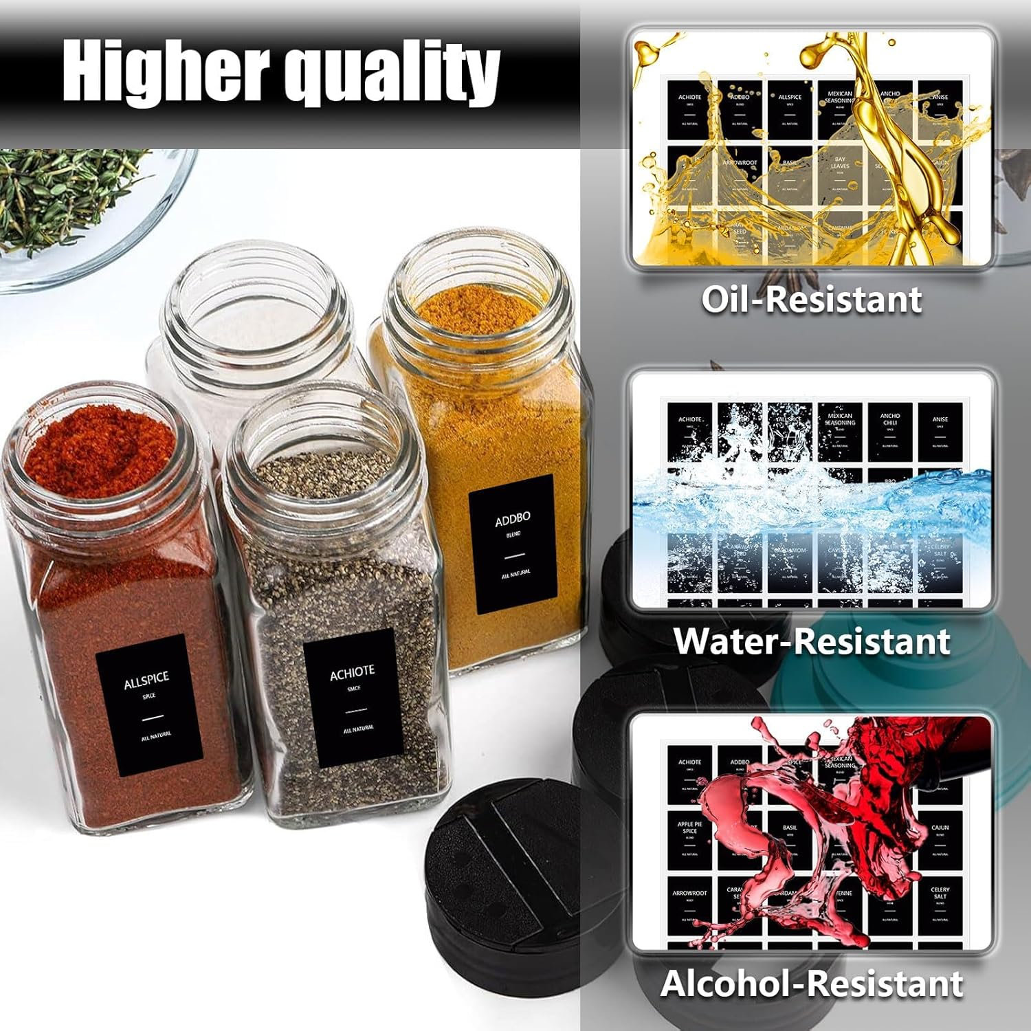 Spice Jar Labels, 192 Pcs Kitchen Jar Stickers, Seasoning Labels for round or Rectangular Jars 36 * 50Mm (Black) image number 4