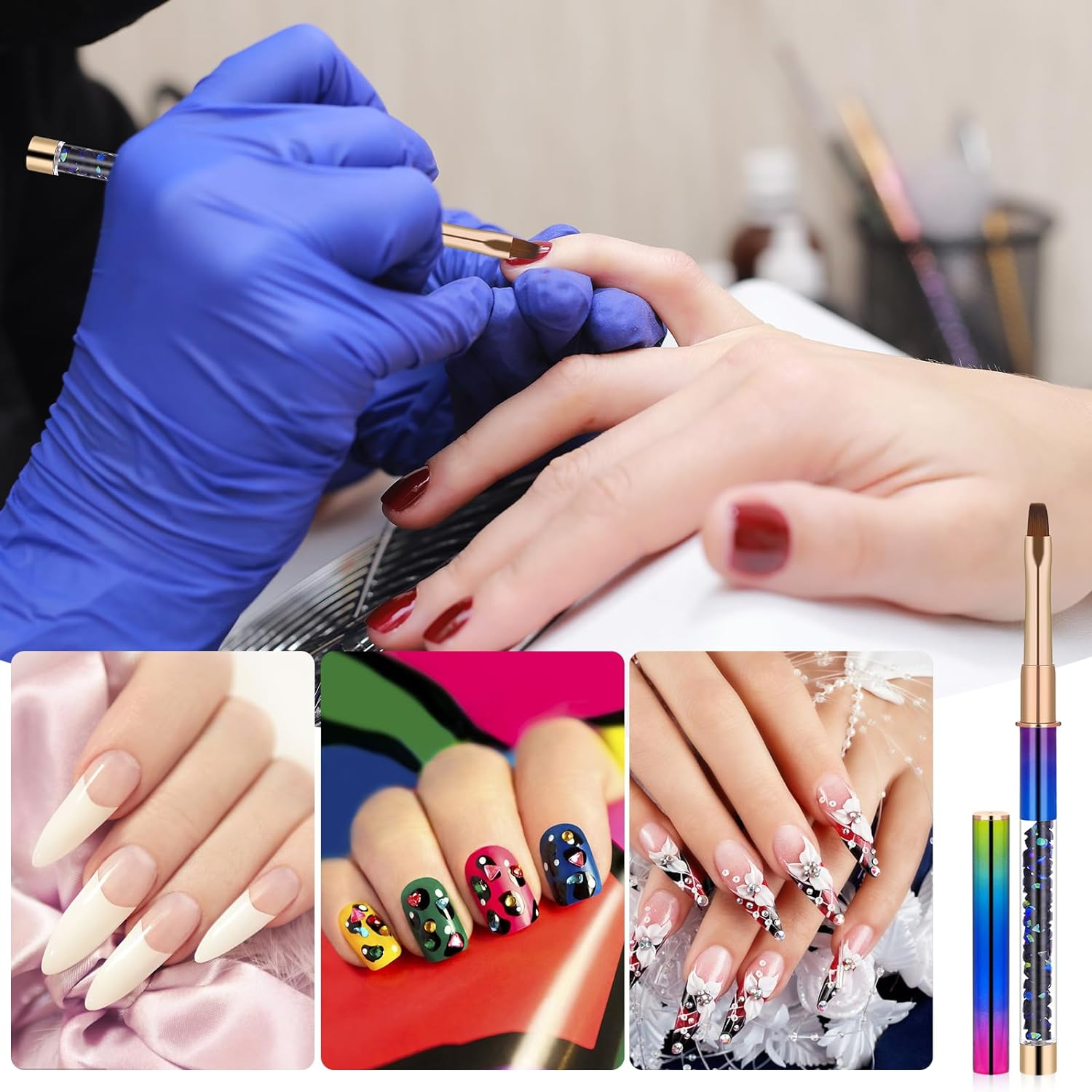 2Pcs Nail Art Clean up Brushes, Painting Brushes for Nails with round & Angled Head Acrylic Nail Brush Pen Painting Tools for Women Nail Art Design & Polish Mistake Cleaning(Style 2) - Blue image number 4