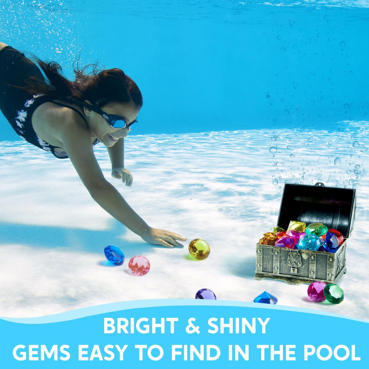 Sloosh Diving Gems Pool Toys, 16 Big Colorful Diamond with Pirate Treasure Chest,Swim Dive Toy for Kids Underwater Gemstone Swimming Training Gift Water Pool Games(Gold) image number 4