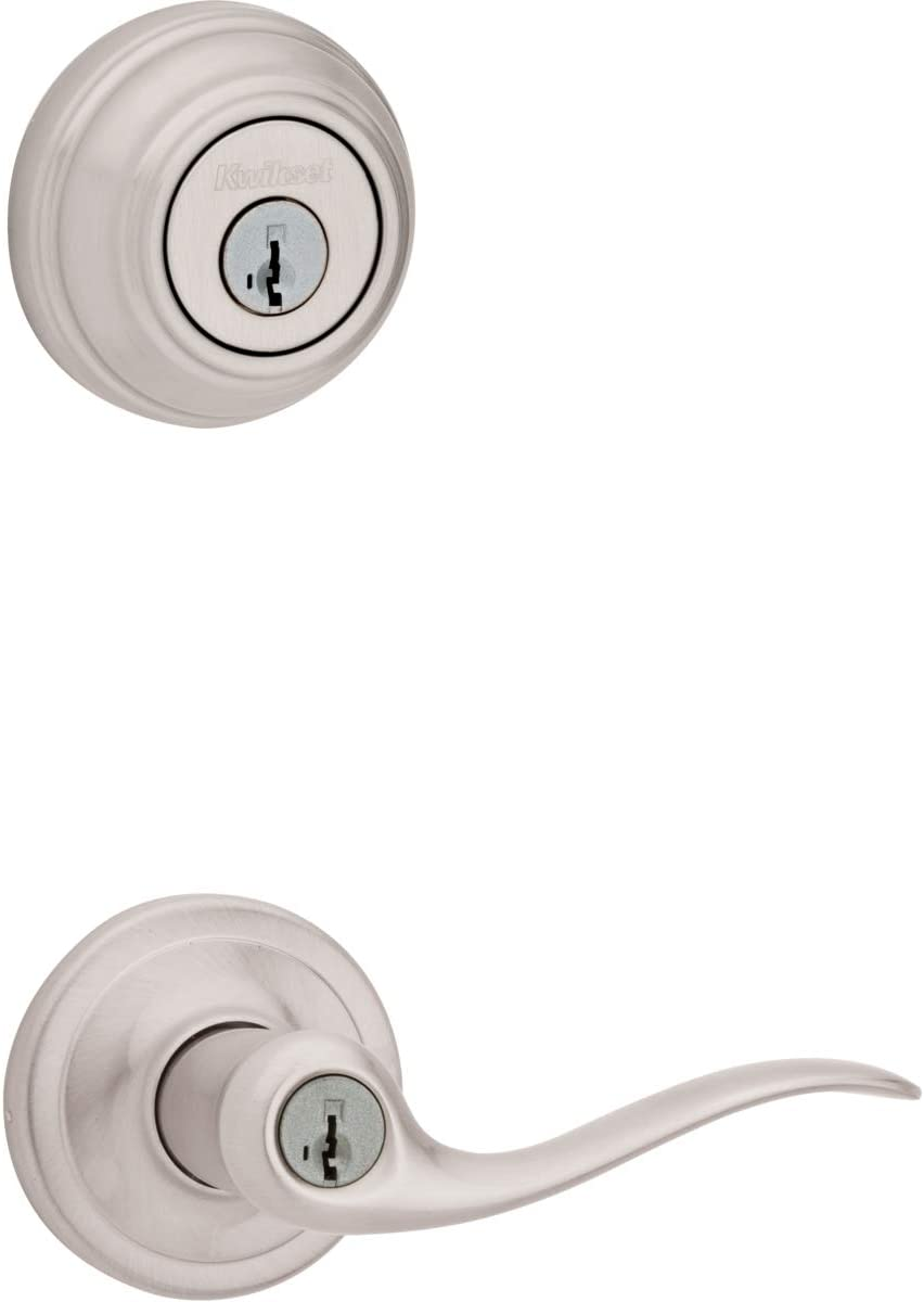 Kwikset 991 Tustin Entry Lever and Single Cylinder Deadbolt Combo Pack Featuring Smartkey in Satin Nickel