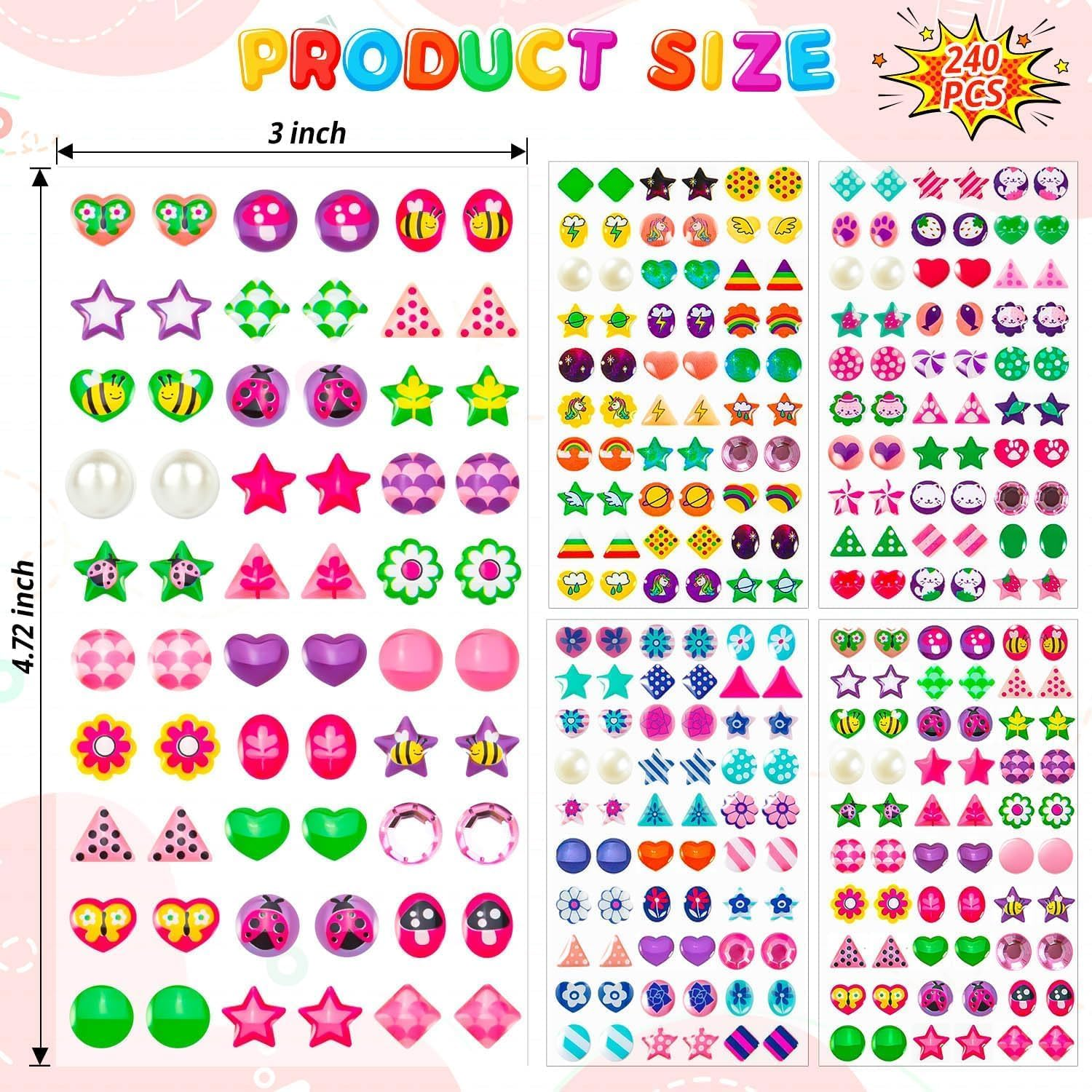 240PCS Sticker Earrings for Girls, Self Adhesive Glitter Craft Crystal Stickers， 3D Gems Girls Sticker Earrings image number 4