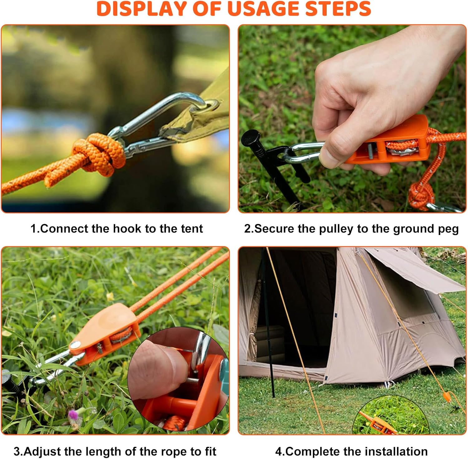 Pack of 6 Rope Ratchet with Hooks, Reflective Guy Ropes, Rope Ratchet Hanger Hanger, Diameter 4 Mm Rope Ratchet with Hook, Rope Ratchet for Tents, Fans, Plant Lights, 150 Lb 3.12 Ft/4M-O image number 6