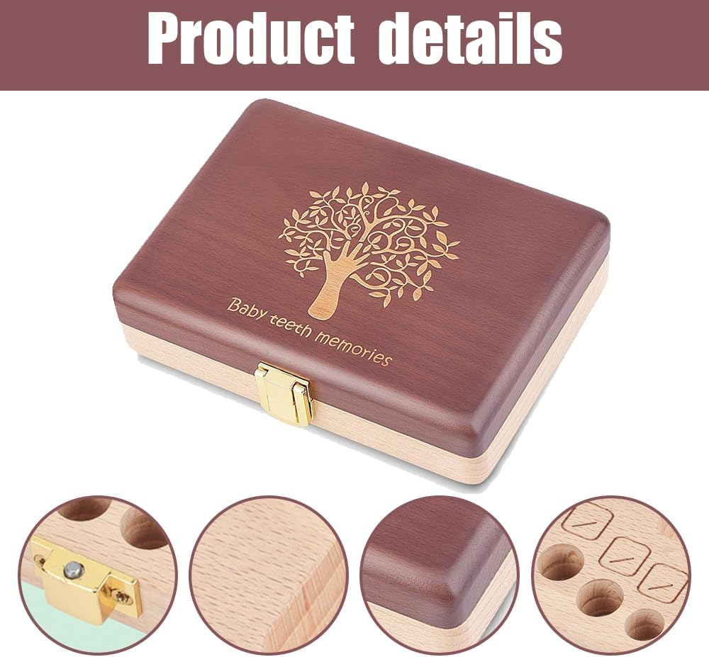 TOMVAES Classic Elegant Functional Baby Tooth Storage Box, 15X12X3.7 CM, Brown, Beech, Tooth Box image number 1