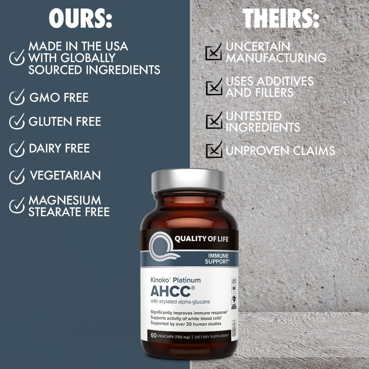 Quality of Life 3 Pack AHCC Kinoko Platinum 750 Mg&ndash; Premium Immune Support Supplement 60 Count Bottles image number 2