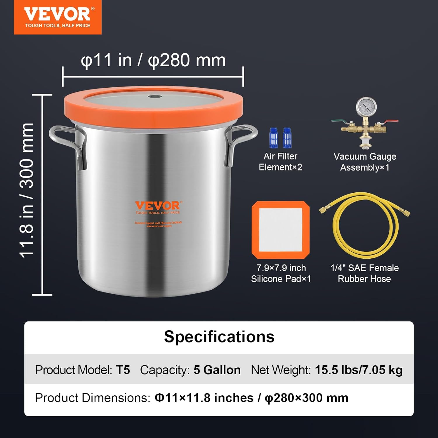 VEVOR 5 Gallon Vacuum Chamber, Upgraded Tempered Glass Lid Vacuum Degassing Chamber, 304 Stainless Steel Chamber, for Stabilizing Wood, Resin Degassing, Silicone Degassing and Plaster Degassing image number 2
