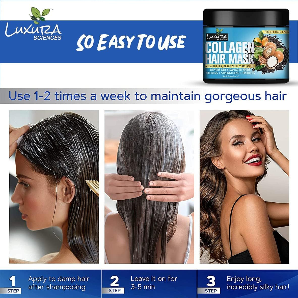 Luxura Sciences Collagen Hair Mask/After Shower Conditioner with Black Seed Oil, Argan Oil & Shea Butter 100G (Refreshing Peace) image number 2