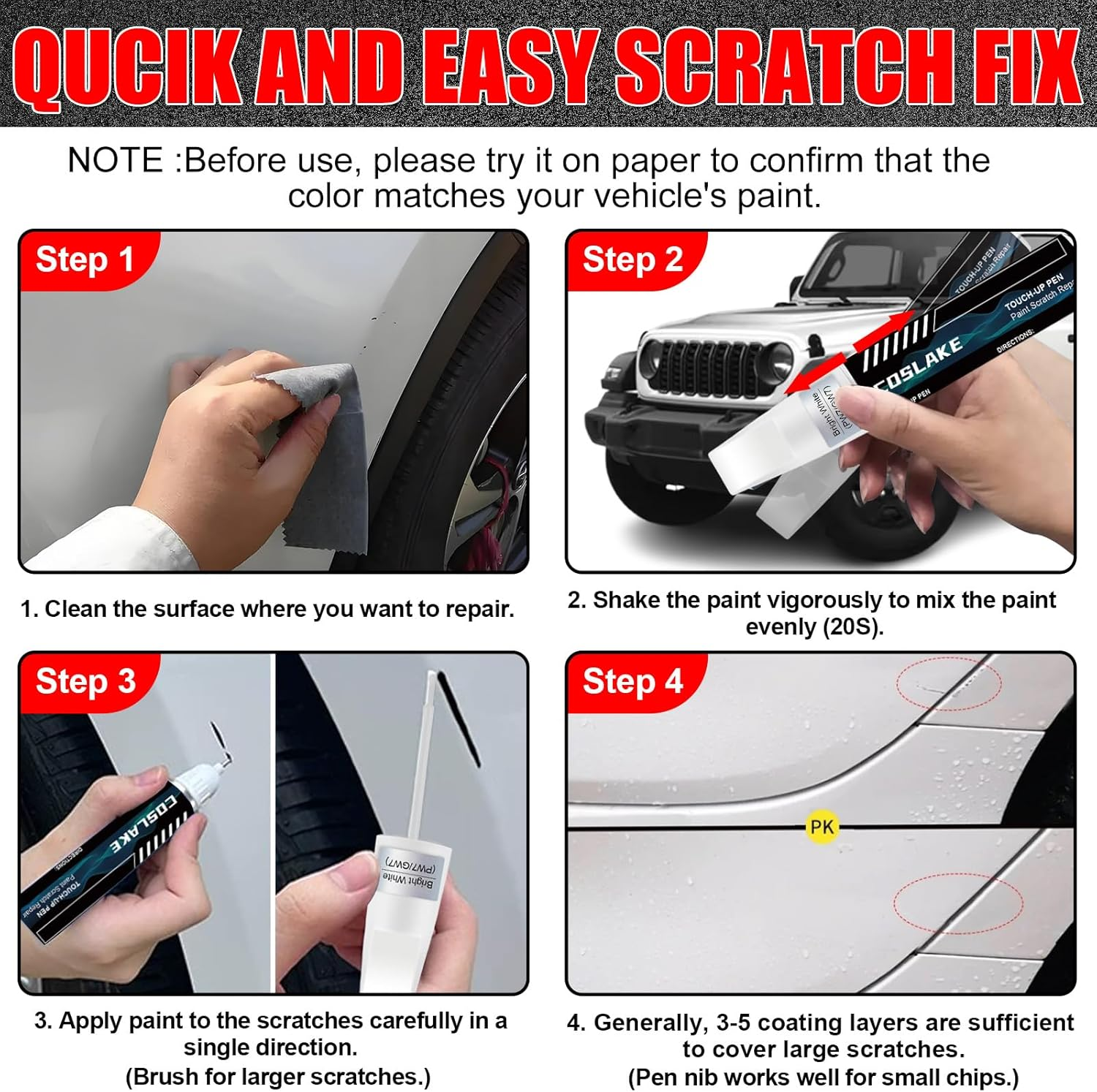Car Touch up Paint(Bright White(Pw7/Gw7)) for Jeep, Car Paint Scratch Repair Kit, Quick & Easy Solution to Repair, 2 in 1 Scratch Remover Pen with Color-Matched