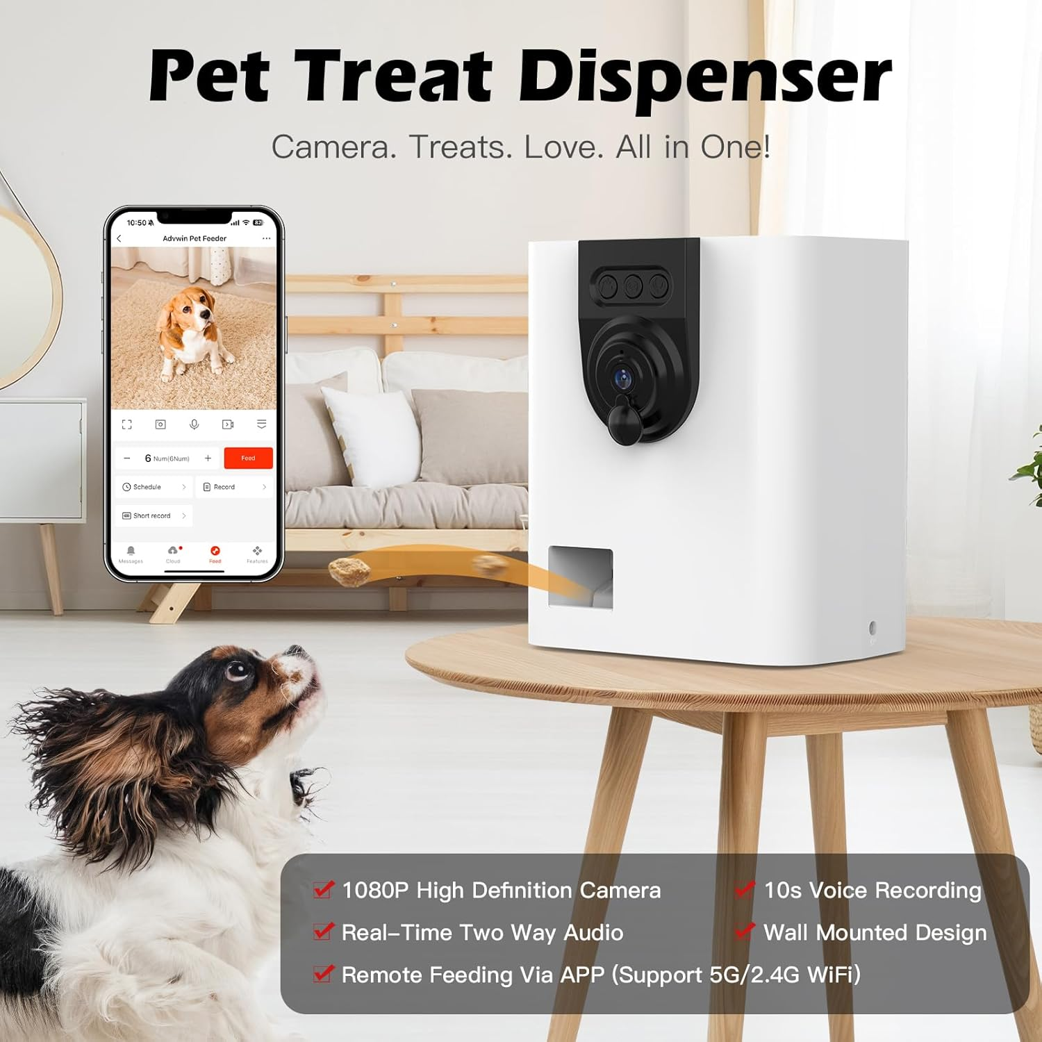 Dog Camera Treat Dispenser, 2.4G/5G Wifi Remote Tossing for Dogs/Cat, Pet Camera with Two Way Audio & 1080P HD Night Vision, Monitoring Pet Remotely