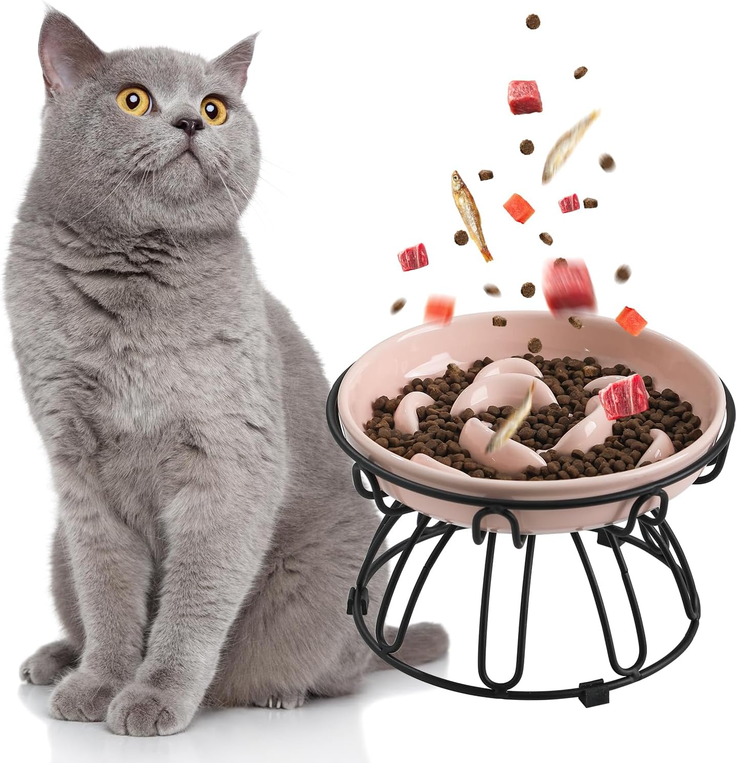 PTOBER Cat Slow Feeder &ndash; Anti-Overeating Cat Bowl with Non-Slip Metal Stand &ndash; Ceramic, Ivory White