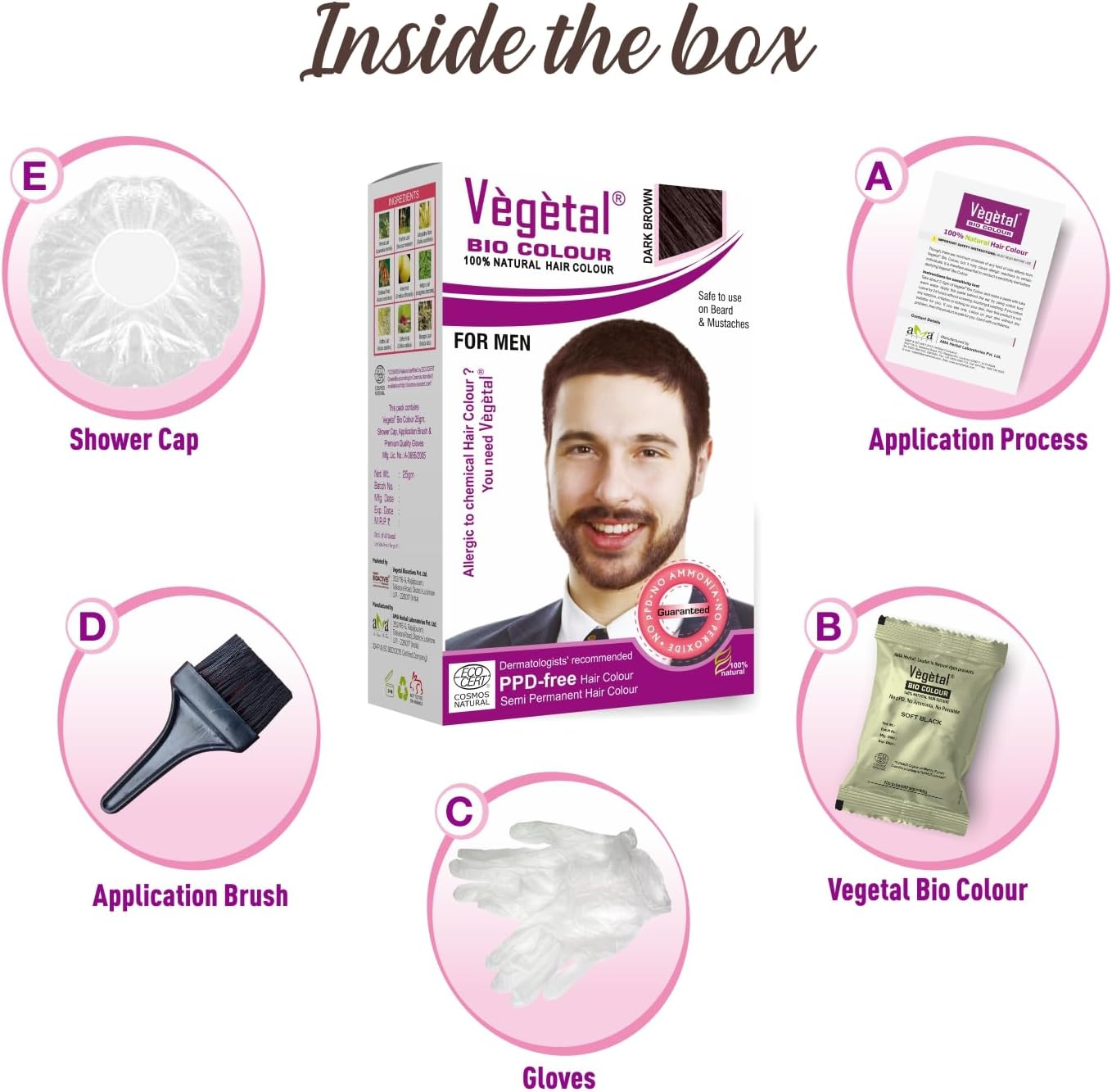 Vegetal Bio Colour - Experience Natural Dark Brown Beard Hair Color for Men Ammonia-Free, Ppd-Free, 100% Organic, and Herbal Safe and Effective Beard Dye Complete Kit Included 25G Each