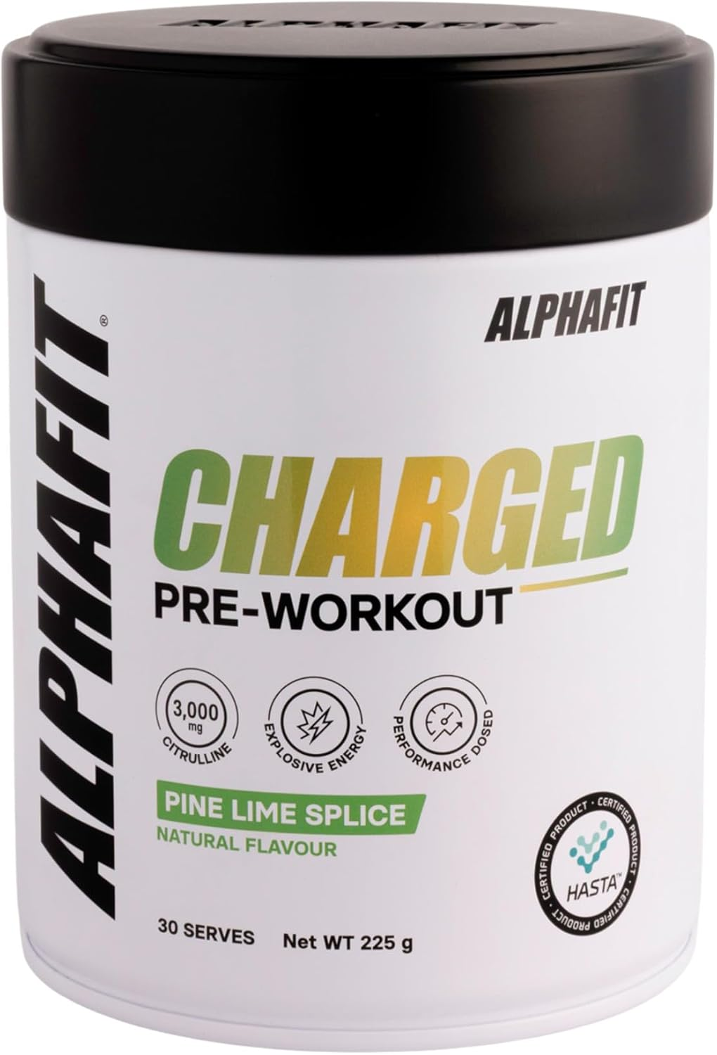 ALPHAFIT Charged Pre-Workout Powder, Pine Lime Splice, Natural Caffeine + Beta-Alanine, HASTA Certified, 225G (30 Serves) image number 1