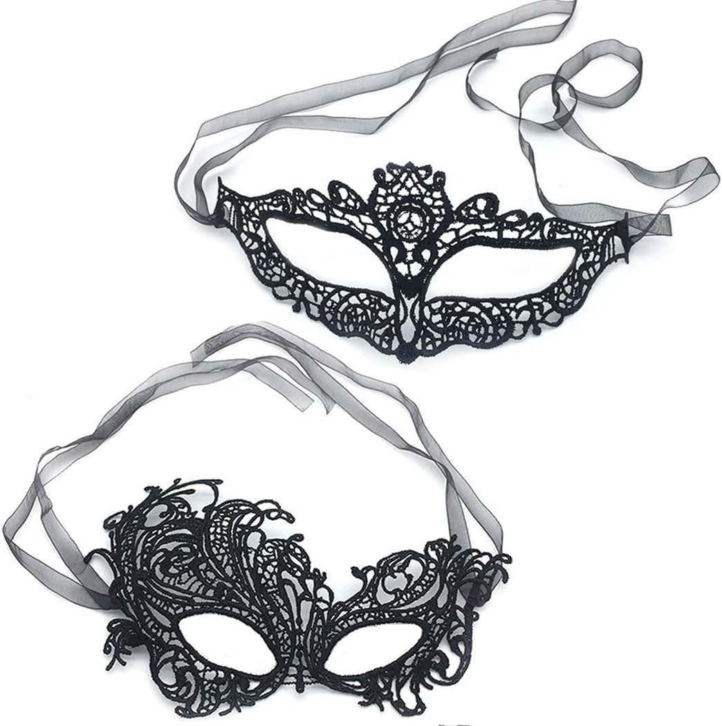 Masquerade Mask, 2 Pack Mardi Gras Party Lace Masks for Women, Prom Princess Venetian Masks - Black image number 2