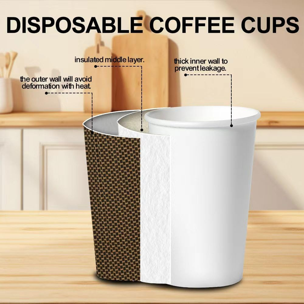 Okam Disposable Coffee Cups with Lids 12Oz (380Ml) - 100 Sets - Corrugated Ripple Wall Paper Cups - for Takeaway Coffee/Hot Chocolate - 3-Layered Wall for Hot/Cold Drinks - Coffee Shop Bulk Buy image number 1