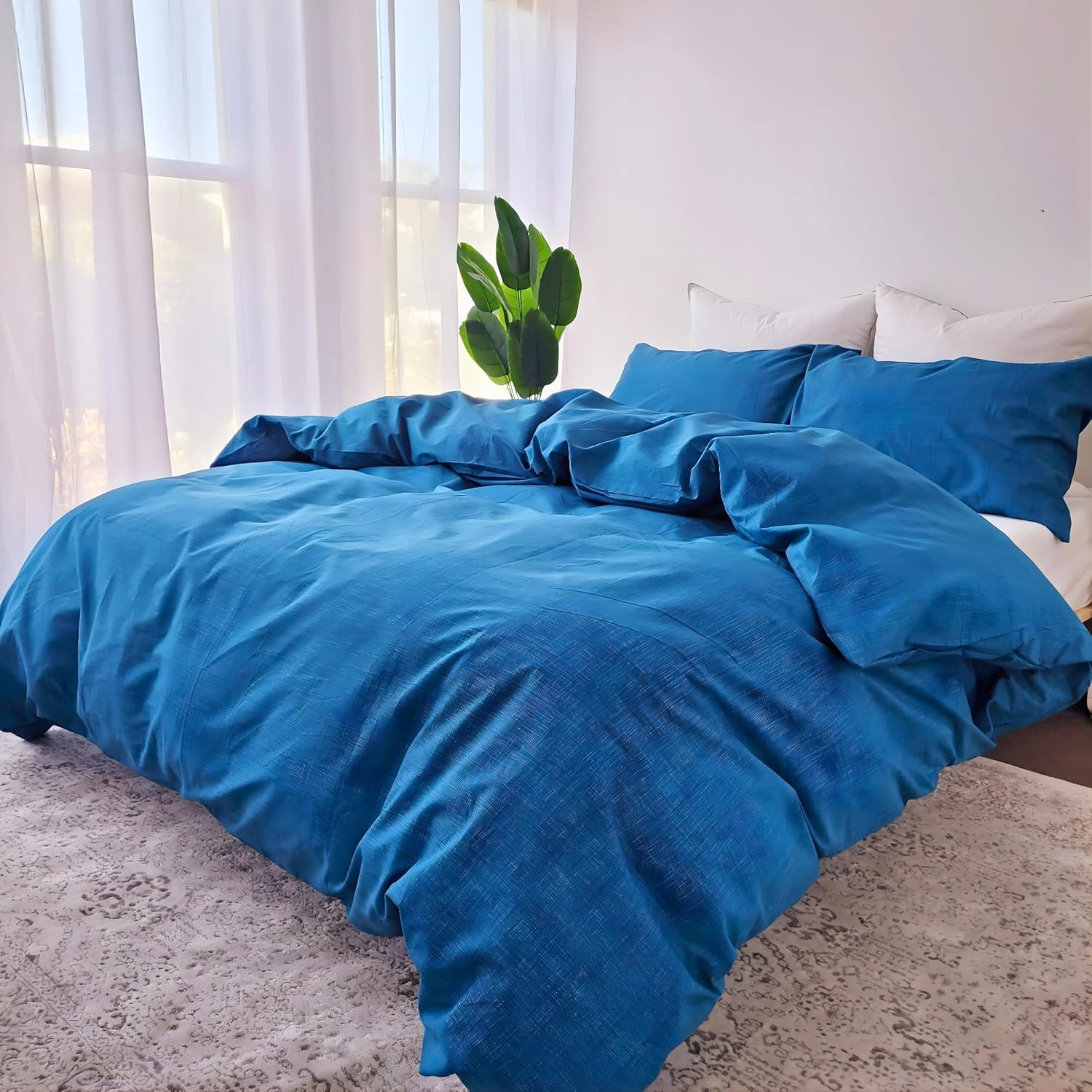 Queen Bed Quilt Cover Set - Blue Doona Cover - 100% Cotton Bedding & Linen - Textured Print Bedding Duvet Cover Sets (3Pcs, Queen) image number 7